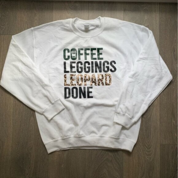 Women's Graphic Logo Coffee Leggings Leopard Casual Pullover Sweater Size Large - Picture 2 of 11